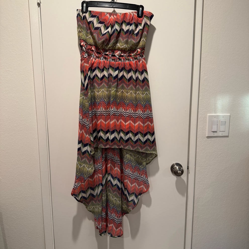 Strapless Chevron Maxi Dress in Coral, Navy & Olive